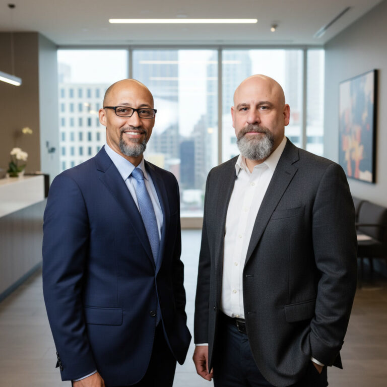 Two smiling men in business suits stand in a modern office lobby with large windows behind them.