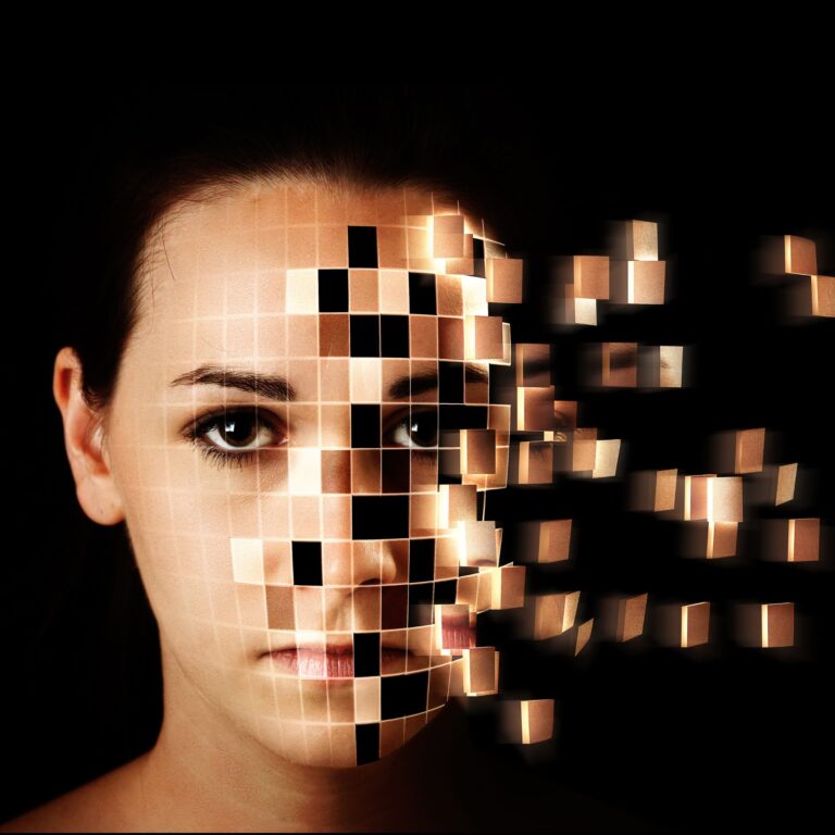 Close-up of a woman's face with a copper-colored mosaic pixelation obscuring part of her features or skin.